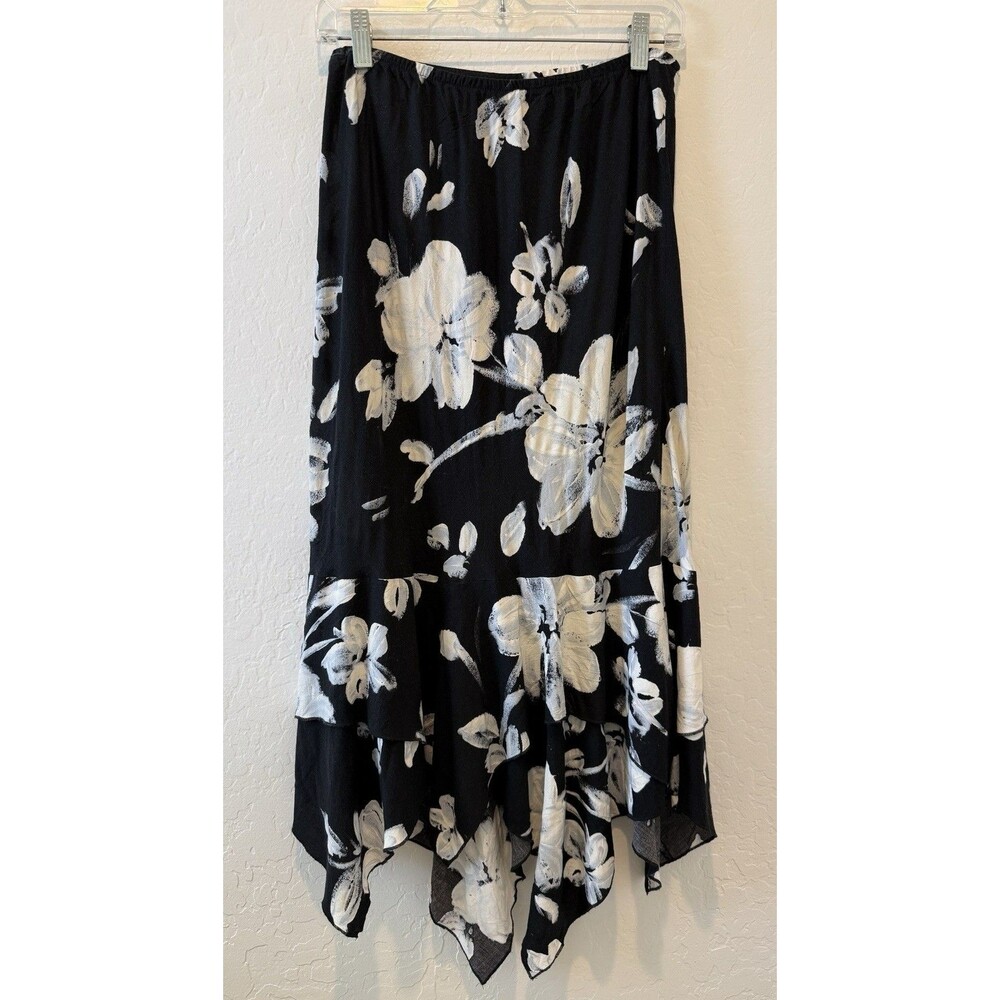 Jams World Julia Midi Skirt sz. M Black White Floral Ruffle Hawaiian Hanky Hem